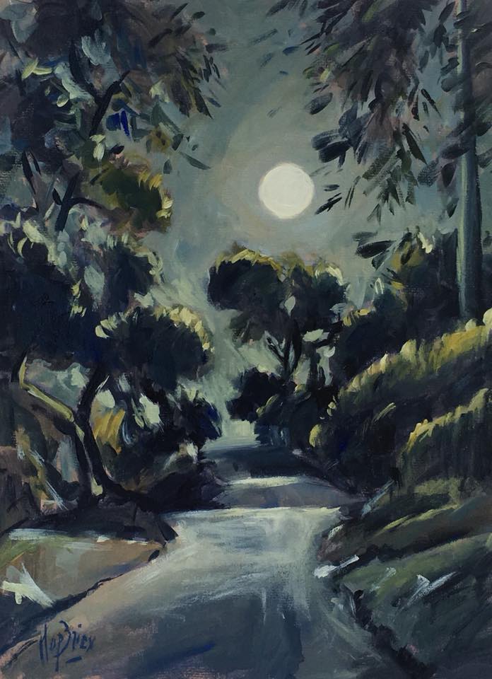 Moon light on the olive grove road