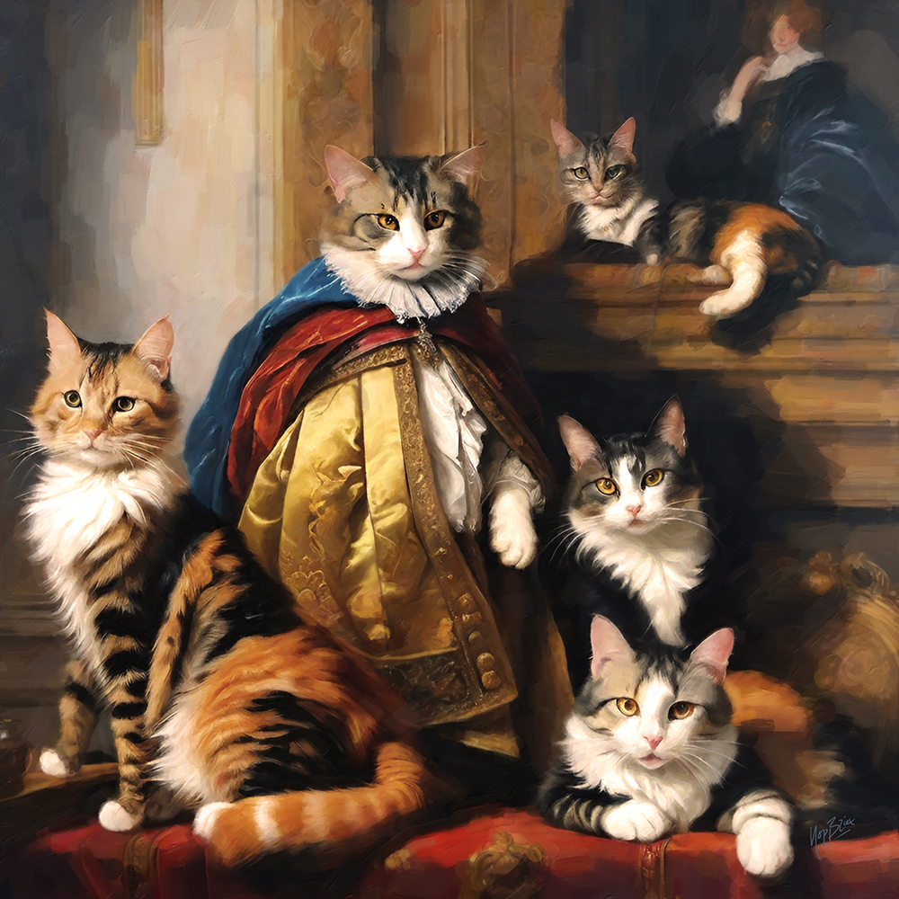 Cat kittins posing in front of painting 60x60cm digioil Nop Briex LR