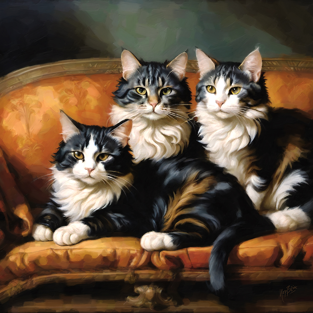 Cat kittins posing on orange couch 60x60cm digioil Nop Briex LR