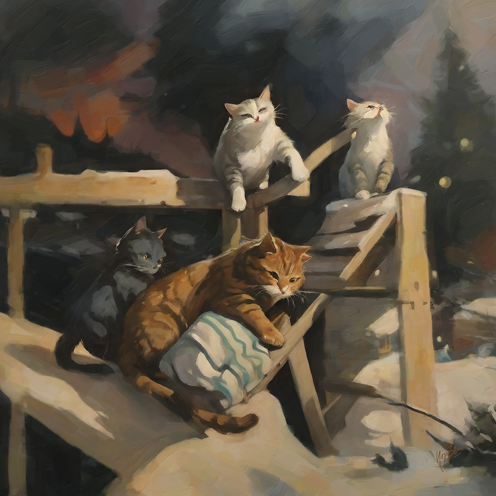 Cats playing in the snow 60x60cm digioil Nop Briex LR