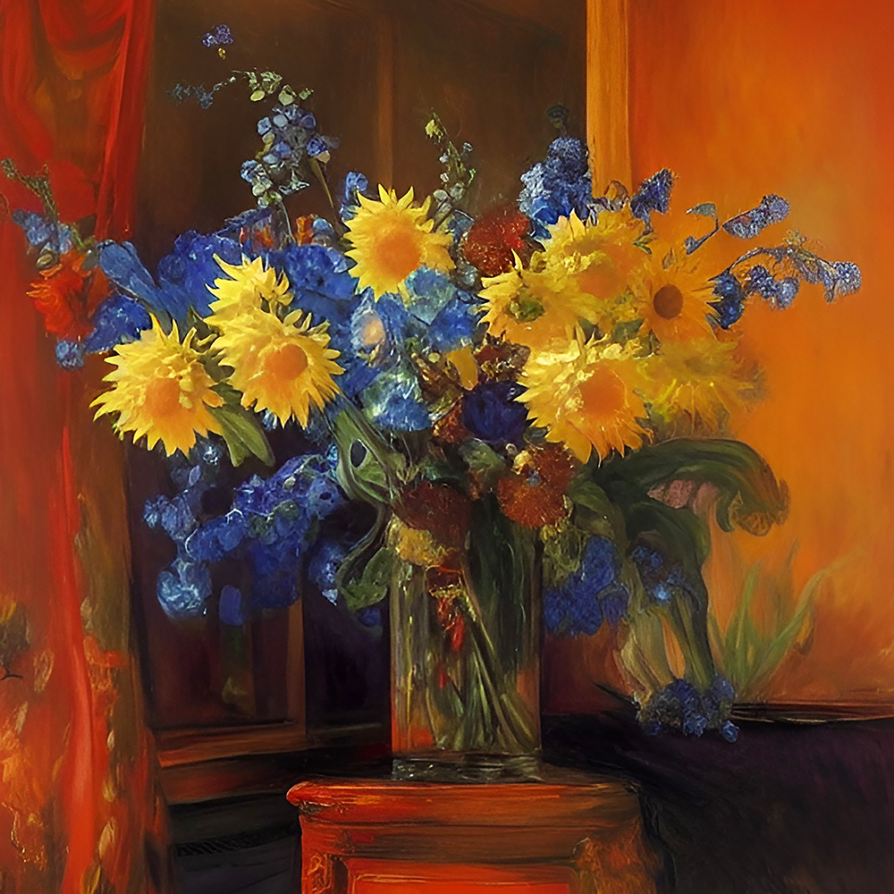 Gele bloemen en blauwe Irissen 2 vierkant digit LR