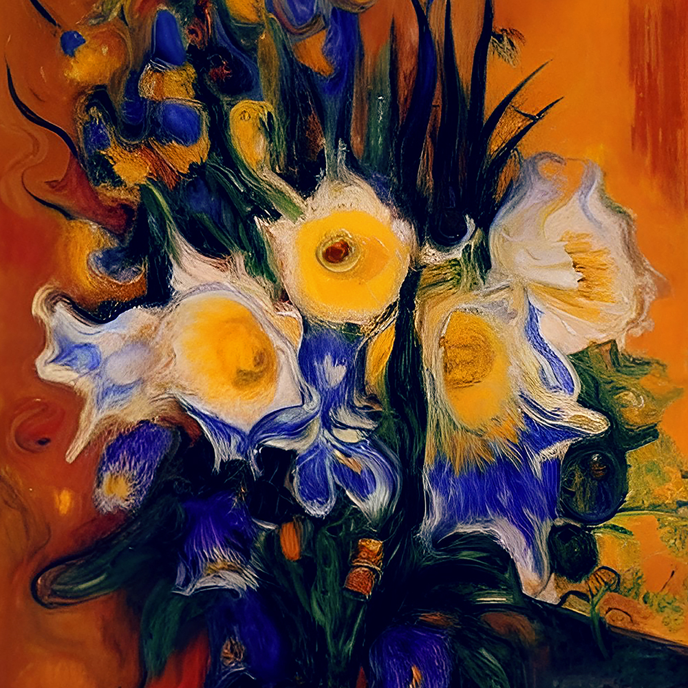 Gele bloemen en blauwe Irissen vierkant digit LR