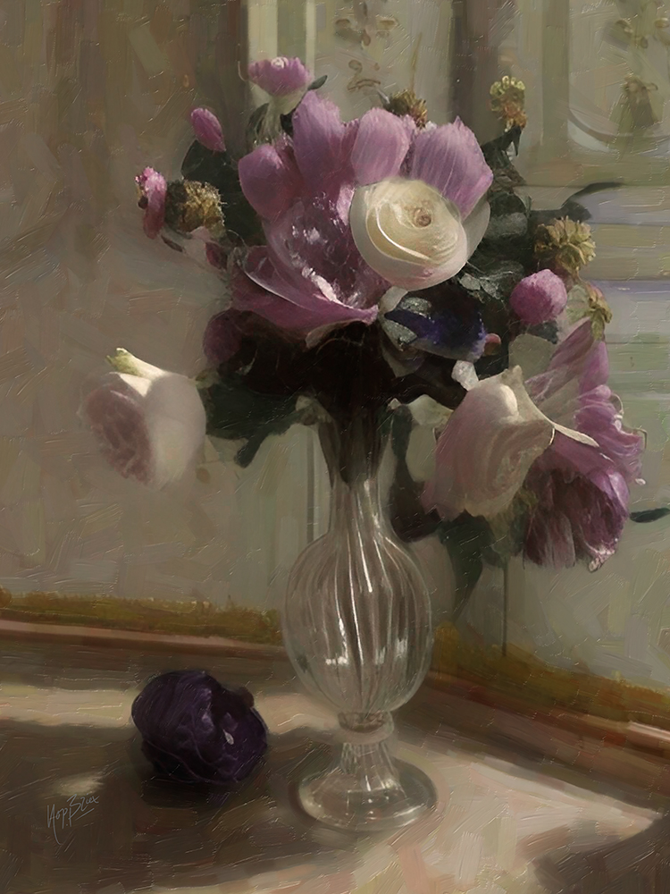Pink and white flowers in vase 60x80cm LR