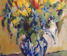 Tulips and blue bells in Delft vase.