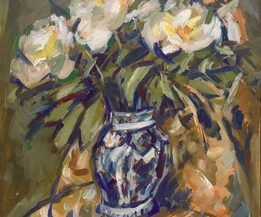Peonies in Delft Blue vase on quilt