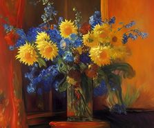 Gele bloemen en blauwe Irissen 2 vierkant digit LR