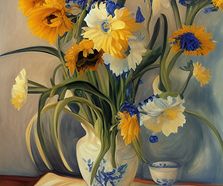 Gele bloemen en blauwe irissen in Delft vaas 40x50cm digi LR