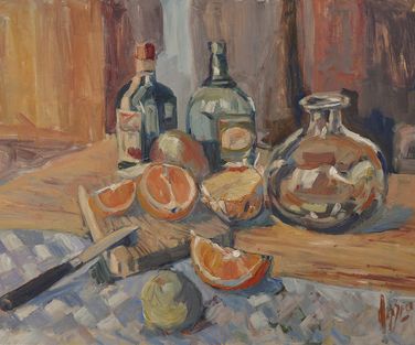 Still life with drinks and fruit