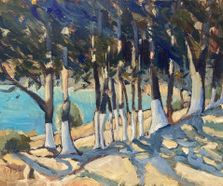 White socked trees Levrechio Beach Loggos oilmdf50x40cm LR